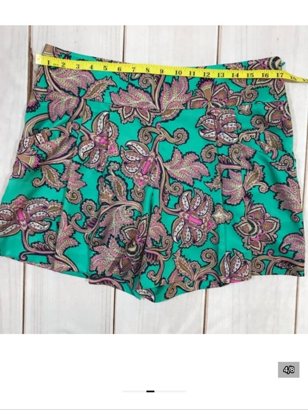 LOFT Turquoise Green Silk Dress Shorts Paisley Cuffed Pleats Ann Taylor 8 Medium - Picture 7 of 8